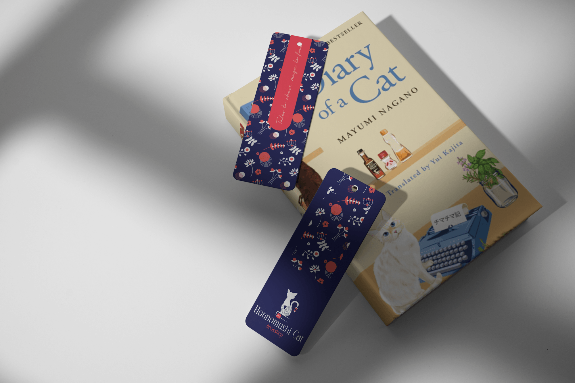 Honnomushi Cat bookmarks showing the pattern system, resting on a book