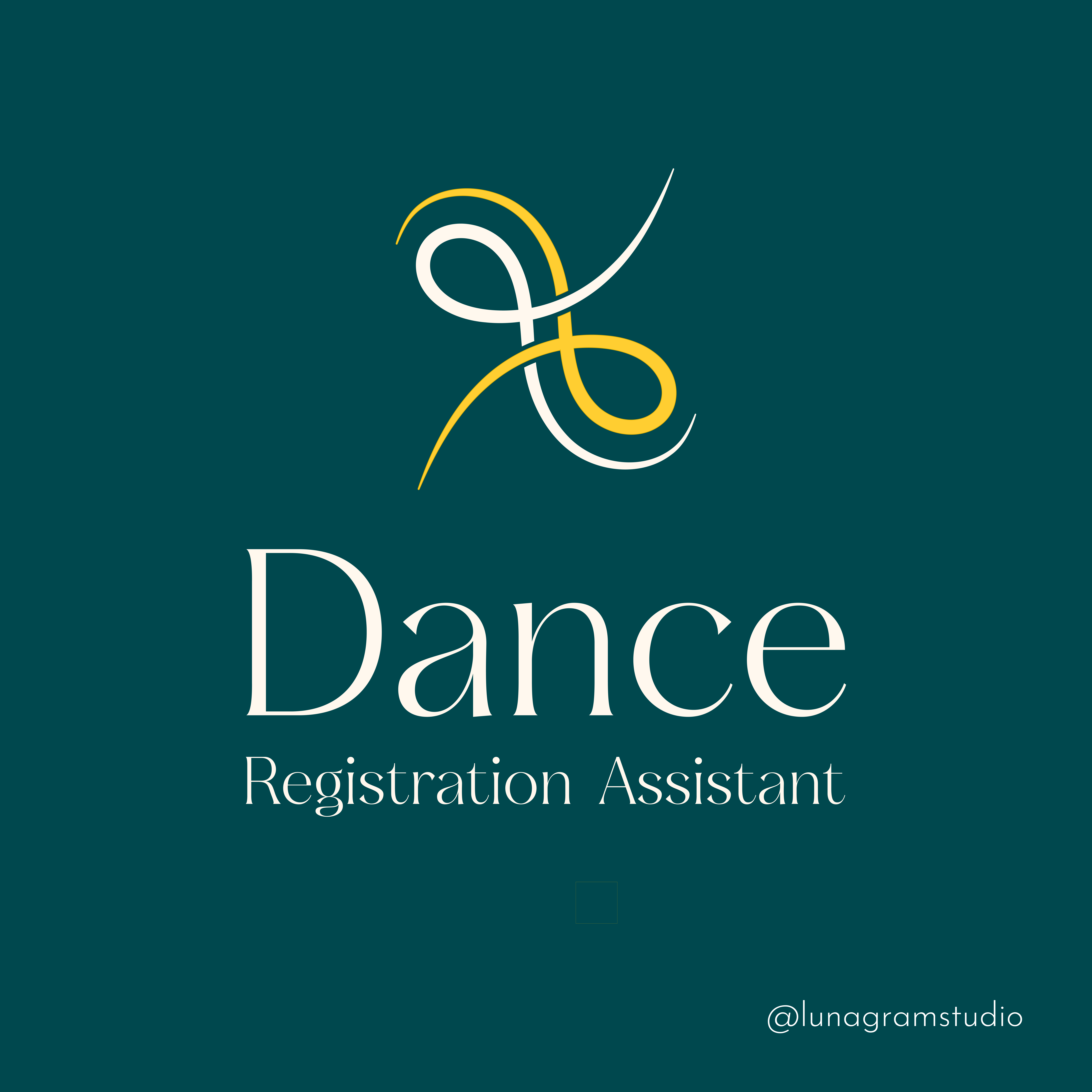 Dance Registration Assistant logo in cream and gold on deep emerald